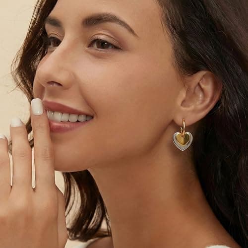 FAMARINE Gold and Silver Heart Hoop Earrings Two Tone Heart Drop Earrings for Women Valentines Earrings Gift - Thumbnail 3