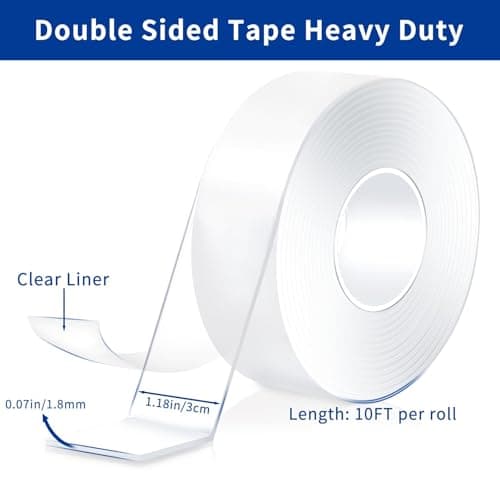 Dntemr Double Sided Tape Heavy Duty 2 Rolls Nano Tape (Total 20 Feet) for Poster Carpet Picture Hanging Strip Rug Strong Adhesive Multipurpose Clear Mounting Two Stick Sided DIY Tape 120" x 1.18" - Thumbnail 5