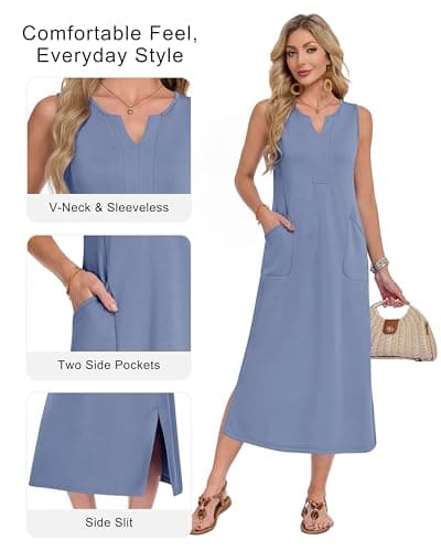 WNEEDU 2026 Boho Sundress Sleeveless Side Slit Soft Wrinkle-Free Midi Dress Tropical Cruise Vacation Party Outfit,Gray Blue,XL - Thumbnail 5
