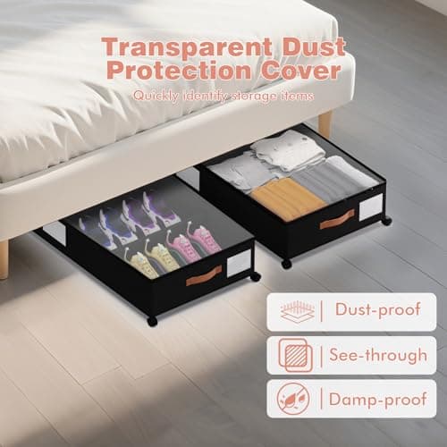 DCET 2 Pack Under Bed Storage with Wheels, 66L Rolling Underbed Containers with Clear Lid & Adjustable Dividers, 600D Oxford Fabric, Phthalate Free & Prop 65 Compliant, Heavy Duty Metal Frame, Black - Thumbnail 3