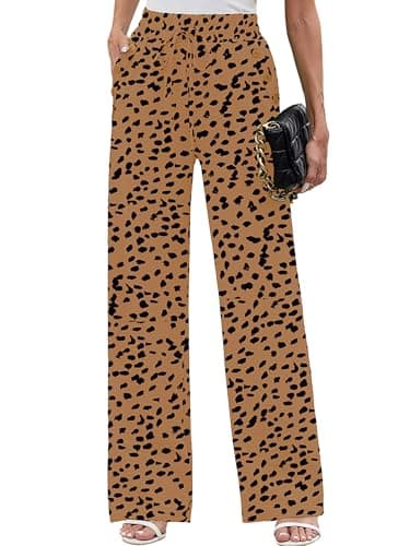 Heymoments Women Wide Leg Pants Almond Leopard Small High Waist Loose Casual Pants Adjustable Tie Knot Belted Long Straight Trousers with Pockets - Image 1