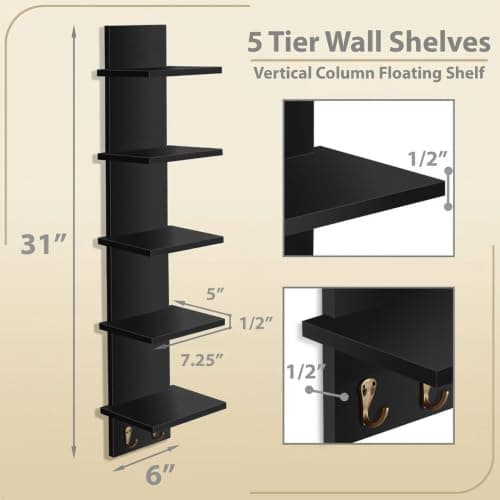 Sorbus 5 Tier Wall Shelf Unit with Hooks, Vertical Column Utility Shelving for Home Decor and Storage Organizer, Wall-Mounted Floating Shelves for Bathroom Storage, Bedroom (2 Pack) - Thumbnail 3