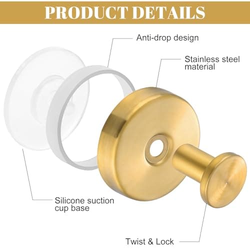 Dntorx Vacuum Suction Cup Hooks, 4 Pack Stainless Steel Suction Hooks for Shower Bathroom Towel Hooks Shower Hooks Holders Shower Hooks Hanging Towels, Loofah, Robe, Coat(Gold) - Thumbnail 3