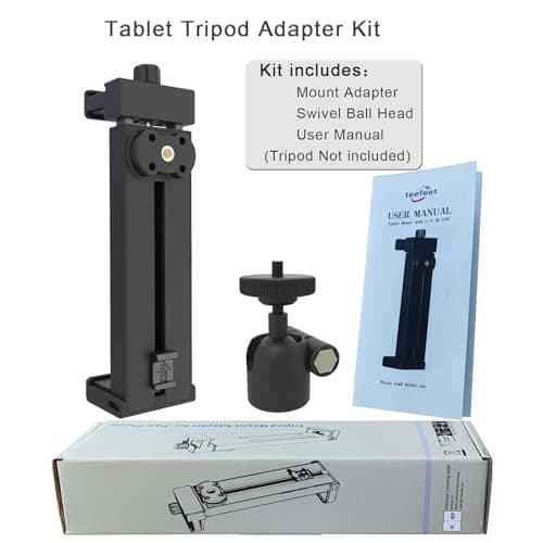 teefeet Adjustable Tripod Mount Adapter for iPad and Phone with 360°Ball Head ipad Clamp Mount with 1/4" Screw Holes, ipad Holder for Tripod Fits Most Size of Phones and Tablets - Black - Thumbnail 4