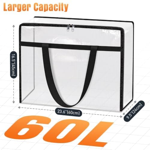 EdenDwell 4 Packs Clear Under Bed Storage Containers - 60 L Large Capacity Clothes Storage Bags with Lid & Sturdy Handles, Foldable Moving Bags, Clothing Organizer Totes for Bedding, Comforter, Sheet - Thumbnail 2