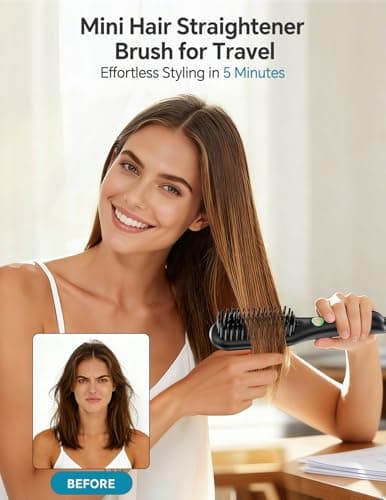 LANDOT Mini Hair Straightener Brush - Ionic Heated Straightening Brush for Frizz-Free & Smooth Styling, Compact Lightweight Dual Voltage Travel Flat Iron Comb, Black - Thumbnail 2
