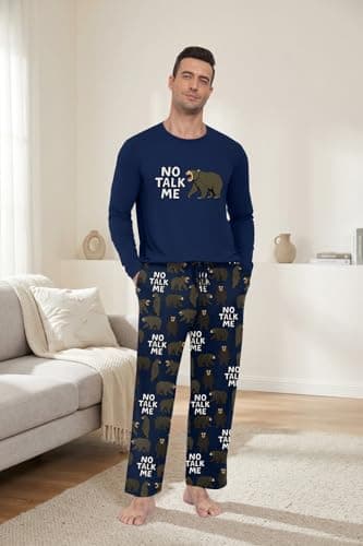 PrinStory No Talk Me Bear Pajamas For Men - Funny Introvert Graphic Sleepwear Cozy Loungewear Set Introvert Pajamas Funny Gift For Men XL - Thumbnail 3