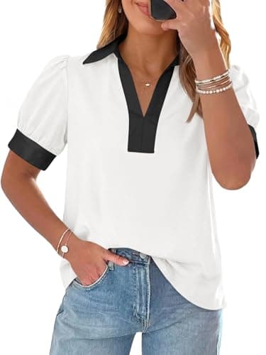 Tankaneo Womens Short Puff Sleeve Tops Summer Casual Color Block Blouses Lapel V Neck Loose Polo Shirts White - Image 1