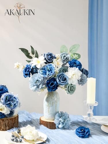 AKAUKIN Dusty Blue Artificial Flowers Box Set with Premium Silk Roses & Dahlia for Wedding Bridal Bouquets, Baby Shower, Birthday Party, Table Centerpieces, Home Decor & DIY Floral Arrangements - Thumbnail 2