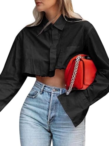 Button Down Crop Top for Women Casual Irregular Hem Solid Color Cropped Blouse Shirt Tunics Black XL - Image 1