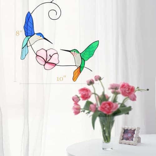 Hummingbird Stained Glass Window Hanging, Handmade Humming Bird with Flower Suncatcher, Sun Catcher Indoor Decor, Decoration, Gift for Women Mom Bird Lover, 10"(W) X8(H), Gift Package, Hanger Given - Thumbnail 4