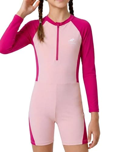 Gogokids Girls One Pieces Swimsuits Long Sleeve Rash Guard UPF 50+ Sun Protection Color Block Water Sport Swimwear,Rose red,7-8Years - Image 1