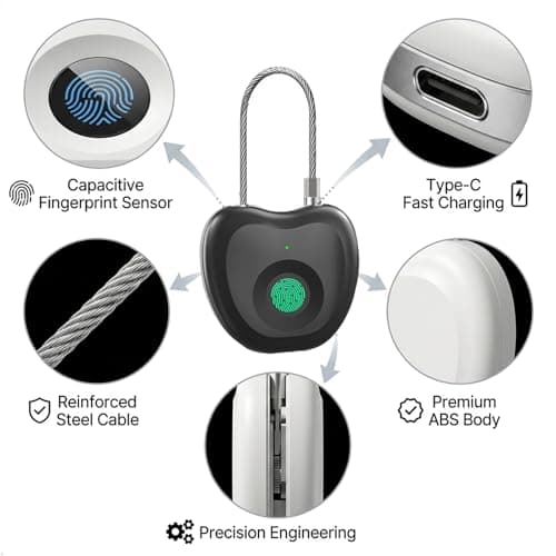 Bstsilver Fingerprint Padlock, Larger Sensor &20-User, 6.2" Flexible Cable Keyless Biometric Lock with Emergency USB Key & Code for Gym Locker, Luggage, Backpack, School, Dorm, Office, Travel & Indoor - Thumbnail 4