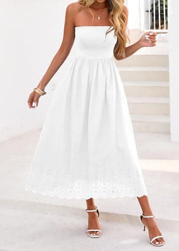 Lazysmile Summer Boho Maxi Dress for Women Strapless Tube Top Lace Trim A Line Beach Casual Long Dress White - Thumbnail 5