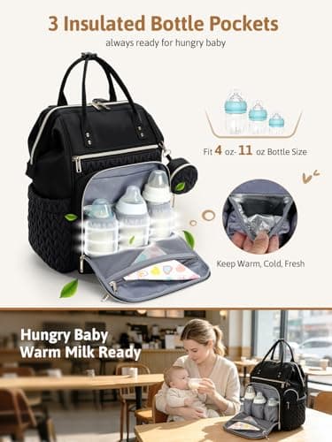 Lekesky Quilted Diaper Bag Backpack, Wide Opening Large Baby Bag for Mom Dad Maternity Baby Boy Girls, Black Travel Diaper Backpack with Changing Pad, Insulated Pockets, Pacifier Case - Thumbnail 4