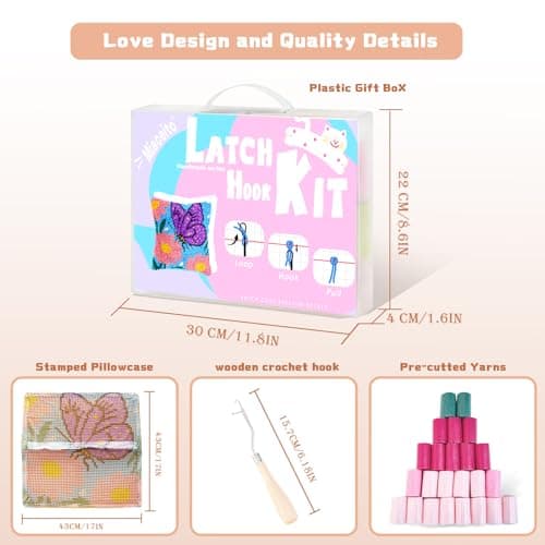 Miaceito Butterfly Flower Latch Hook Pillow Kit for Adults Beginners, Pre-Printed DIY Craft Set with Wooden Hook, 17x17 Inch Home Decor - Thumbnail 3