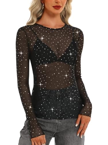 GKBK Womens Mesh Long Sleeve Tops Crew Neck Sexy See Through Tee Dressy Casual Shirts Party Club Night Lace Blouse Western Wear Outfit Clothes Going Out Clothing Black Sequin L - Image 1