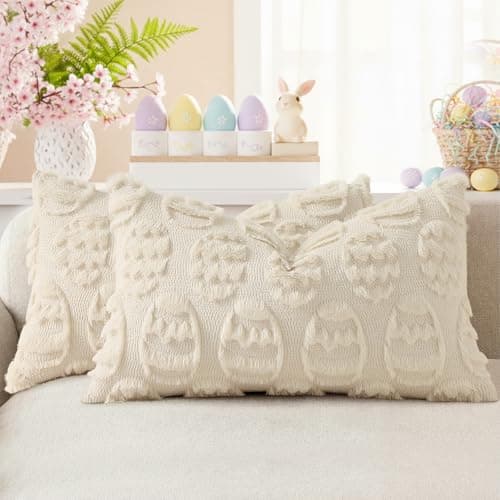 decorUhome Easter Beige Egg Pillow Covers 12x20 Inch Set of 2, Soft Plush Faux Wool Jacquard Cushion Covers, Farmhouse Neutral Fuzzy Spring Easter Holiday Decor for Couch Sofa Bed - Image 1