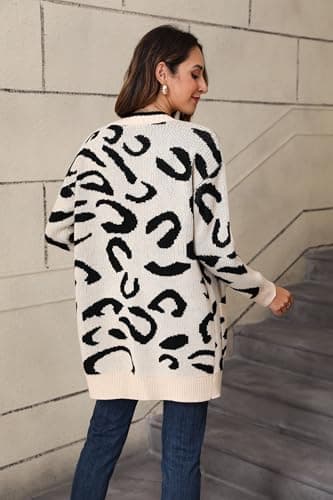 Women Fashion Leopard Print Long Sleeve Sweater Cardigan Loose Knit Open Front Fall Winter Outwear Coats Plus Size Clothes with Pockets Beige L - Thumbnail 5