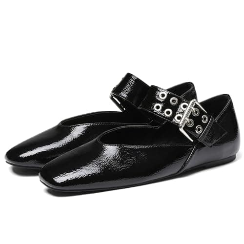 Attiposh Ballet Flats for Women Square Toe Mary Jane Flats Comfortable Dressy Mary Janes Casual Dress Shoes Buckle Strap Ballerina Flats Black, 10 - Image 1