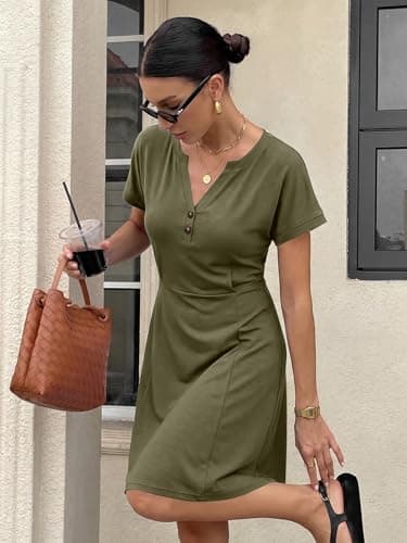 AUMORA Summer Dresses for Women 2026 Casual T Shirt Dress V Neck Short Sleeve with Pockets Loose Beach Vacation Dress Green - Thumbnail 3