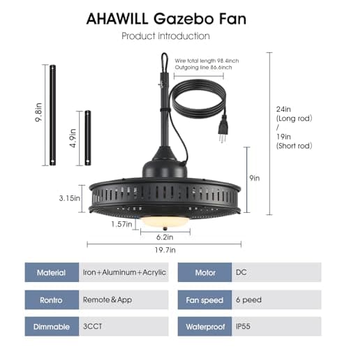 AHAWILL 20" Gazebo Fan,IP55 Waterproof Outdoor Ceiling Fans with Lights,3CCT,6 Speed,Plug in Ceiling Fan with Cord Hook,Portable Fan for Gazebos,Porch, Pergola,Canopy Black - Thumbnail 4