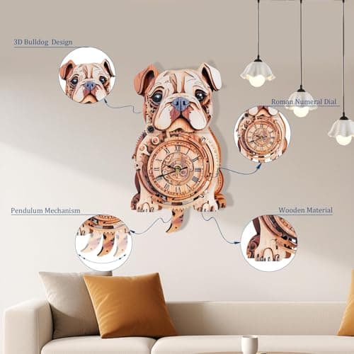 Kosmickiss Wooden Models for Adults to Build-Bulldog Clock with Swinging-3D Wooden Puzzles for Adults-Dog Mom Gifts for Women-DIY Clock Kit - Thumbnail 4