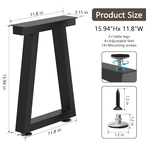 SNYXXOZ 16 Inch Coffee Table Legs Heavy Duty Square Metal Desk Legs, Workbench Dining Furniture Feets, Bar Height Table Legs,Adjustable Feet Pads Screws,1000 LBS, Black, Set of 2,Trapezoid - Thumbnail 3