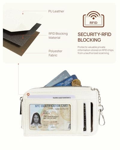 Telena Slim Wallet Women RFID Blocking Credit Card Holder Leather Coin Purse with Silver Keychain Beige - Thumbnail 3