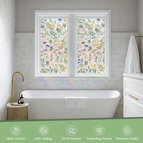 Tymina Window Privacy Film, Stained Glass Window Film Decorative Window Clings, Sun Blocking Stickers UV Heat Blocking Rainbow Window Film for Glass Doors, Bedroom Windows (Apricot&Blue, 17.7"×78.7") - Thumbnail 3