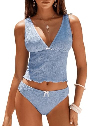 ZAFUL Cute Tankini Swimsuits for Women High Cut Lace Bathing Suit Tummy Control Two Piece Swimsuit 2026 Blue - Image 1