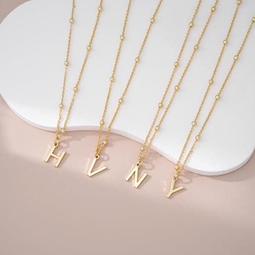 KISSCLOUD Initial Necklaces for Women 14K Gold Plated Dainty Letter Charm Necklace Personalized Name Pendant Bead Chain V Necklace Non Tarnish Trendy Jewelry Gift - Thumbnail 6