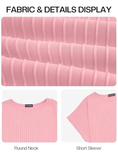 JUSTFASHIONNOW Short Sleeve Blouses for Women Business Casual Shirts Crew Work Tops Neck Basic Tees Textured Cute Office Outfits(Pink,S) - Thumbnail 3