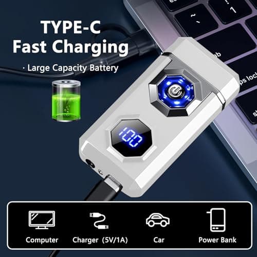 BABOBIU High-Power Arc Lighter - USB Rechargeable Windproof, Zinc Alloy Body with Battery & Ignition Display, Tactical EDC Gear for Home Use, Camping, Candle Lighting (Silver) - Thumbnail 5