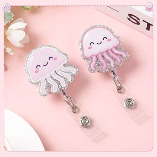 2 Pack Badge Reel Retractable Nurse Gifts Cute Jellyfish Badge Reels with Alligator Clip ID Card Holder for Teacher Office Work Student - Thumbnail 6