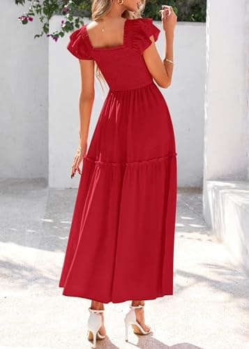 KIRUNDO Smocked Summer Dresses for Women 2026 Wedding Guest Midi Flowy Ruffle Short Sleeve Square Neck Tiered Sundress(Red, XX-Large) - Thumbnail 2