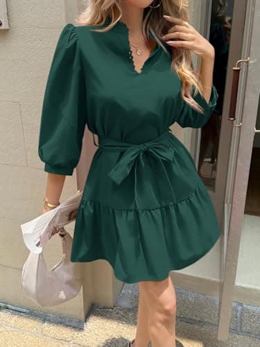 Cicy Bell Womens Puff 3/4 Sleeve Mini Dress Bow Tie Waist V Neck Trendy Casual Ruffle Tiered Short Dresses Dark Green - Thumbnail 3