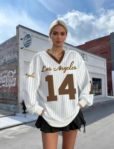 Jersey Shirts for Women Oversized Jersey Sweatshirts V Neck Striped Long Sleeve Casual Y2k Baggy Streetwear Tee Tops White-Brown - Thumbnail 3