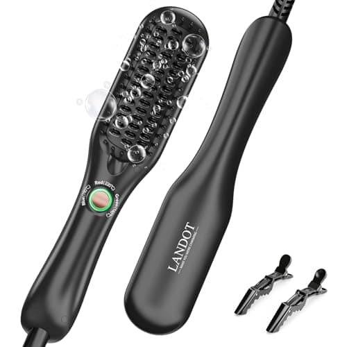 LANDOT Mini Hair Straightener Brush - Ionic Heated Straightening Brush for Frizz-Free & Smooth Styling, Compact Lightweight Dual Voltage Travel Flat Iron Comb for Medium Short Hair, Black