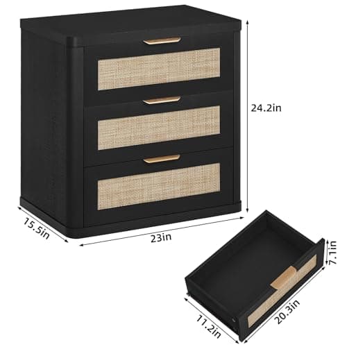 LEYAOYAO Rattan Night Stand with Drawers, 23" Large 3 Drawer Boho Nightstand, Black Bedside Table Storage Cabinet, Bed Side End Tables Dresser for Bedroom, Living Room, Hallway, Closet - Thumbnail 3