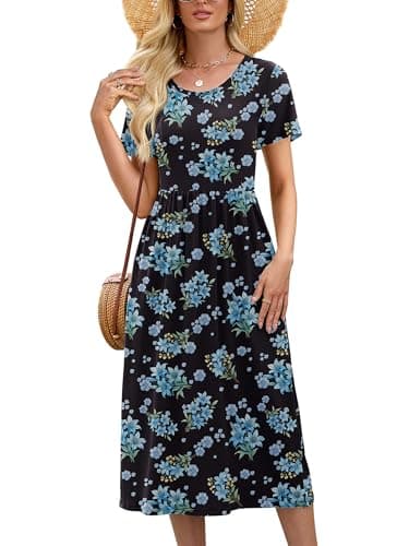 DEARCASE Summer Dresses for Women Floral Black Blue and White Flower XX-Large Short Sleeve A Line Summer Casual Midi Sundress Wedding Guest Flowy Swing Cocktail Spring Empire Waist Dress with Pockets - Image 1