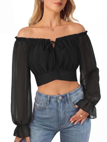 Women Off the Shoulder Crop Tops Long Sleeve Shirt Blouse Black S - Image 1