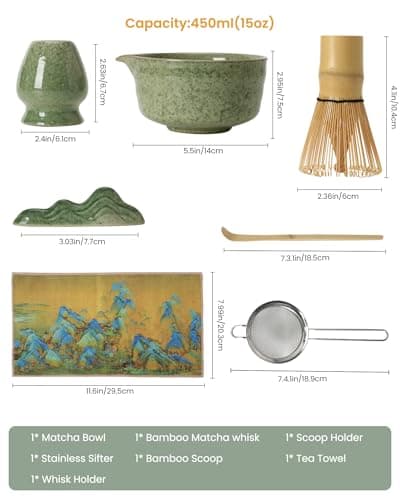 Matcha Whisk Set Ceramic Matcha Kit Set Includes Matcha Bowl, Matcha Whisk and Holder, Bamboo Scoop, Scoop Rest, Sifter and Tea Towel - 7 Pcs Matcha Kit for Matcha Lovers (Matcha Green) - Thumbnail 2