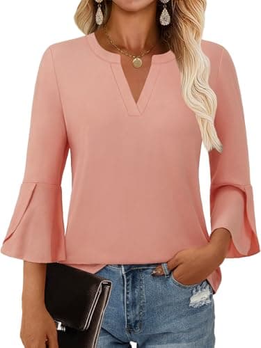 GKBK Women's Blouses Ruffle 3/4 Sleeve Dressy Top V Neck Casual Tunic Blouses Business Shirts Pink S - Image 1