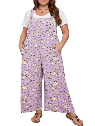 AusLook Plus Size Women's Adjustable Straps Jumpsuits Purple Chrysanthemum 1X Casual Loose Wide Leg Overalls with Pockets - Image 1