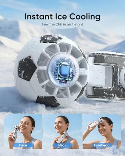 Hiluckey Portable Handheld Turbo Fan with Ice Cooler, 5 Gear Wind, Soccer-Shaped Mini Personal Fan, 6000mAh Rechargeable Pocket Fan for Travel/Outdoor/Office, 180° Adjustable, 20H Max Runtime (White) - Thumbnail 2