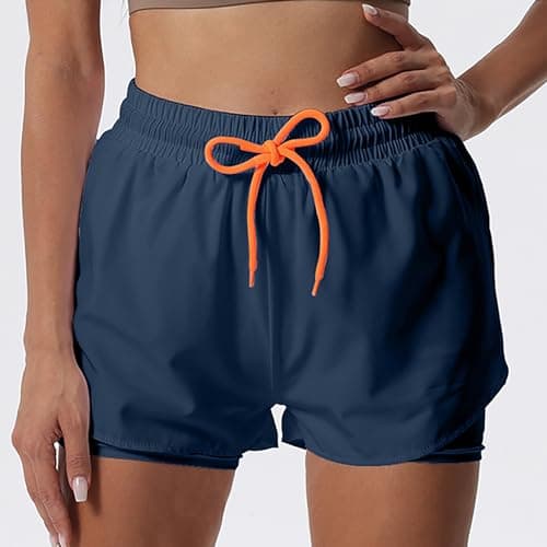 YOAKUKA Women's 2 in 1 Workout Shorts Gym Workout Yoga Running Biker Tennis Skirts Clothes Summer Navy Blue - Thumbnail 2