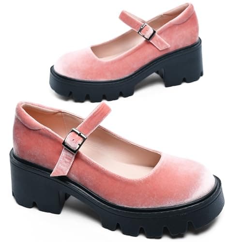 Elvora Women's Mary Jane Shoes - Platform Mary Janes for Women, Pink Velvet Round Toe Chunky Dress Shoes with Adjustable Ankle Strap - Thumbnail 4
