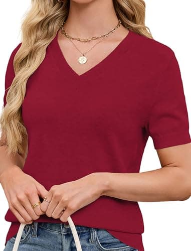 SunnyMelody Womens Wool Sweater V Neck Short Sleeve Lightweight Knit Work Top Fall Spring Summer 2026 Business Casual Outfit Dressy Blouse Shirt Trendy Fashion Clothes Office Teacher Tops Red M - Image 1