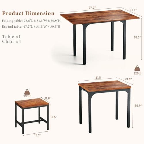 HUAHUU Dining Table Set for 4, Extendable Kitchen Table Chairs Set of 4, Rectangle Dining Table with Metal Frame & MDF Board, Folding for Small Apartment Saving Space, Rustic Brown - Thumbnail 2